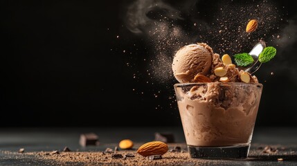 A delicious serving of chocolate ice cream adorned with nuts and fresh mint, resting in a glass, presenting an indulgent dessert that is both appetizing and visually appealing.