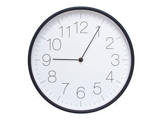 Simple wall clock with black frame and white face displaying 09:05 or 21:05. Ideal for time, schedule, and punctuality themes.
