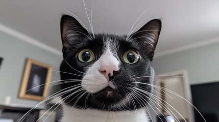 Close-up of a surprised black and white cat