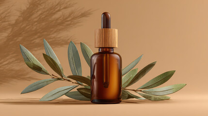 Essential Beauty Elixir: A minimalist, studio-style shot featuring a sleek amber glass bottle, elegantly paired with verdant olive branches.