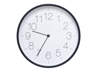 Simple wall clock with black frame and white face displaying 09:35 or 21:35. Ideal for time, schedule, and punctuality themes.