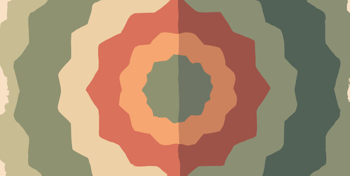 Repeating concentric hexagons in olive green, clay red, and soft tan