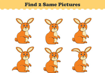 Funny cartoon rabbit. Find two same pictures. Educational game for children. Cartoon vector illustration