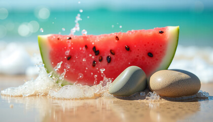 Juicy watermelon slice with pebbles splashing waves on beach  