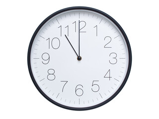 Simple wall clock with black frame and white face displaying 11:00 or 23:00. Ideal for time,...