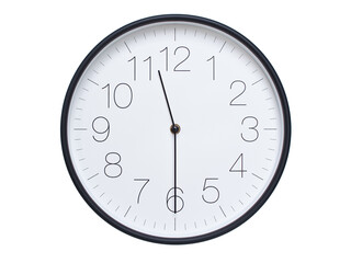Simple wall clock with black frame and white face displaying 11:30 or 23:30. Ideal for time, schedule, and punctuality themes.