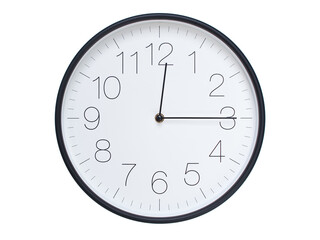 Simple wall clock with black frame and white face displaying 00:15 or 12:15. Ideal for time, schedule, and punctuality themes.