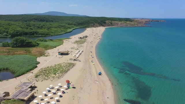 Aerial view to beautiful beach on Sinemorets and mouth of Veleka river, Black sea, Bulgaria