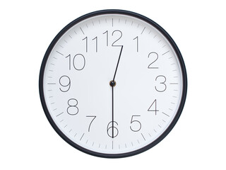 Simple wall clock with black frame and white face displaying 00:30 or 12:30. Ideal for time,...