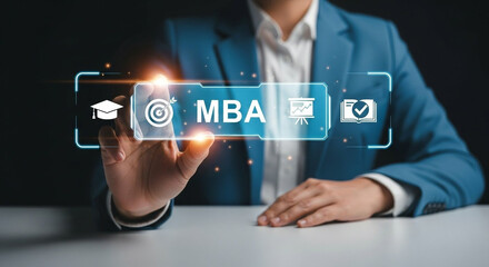 Person interacting with a digital display showing mba education and business growth icons