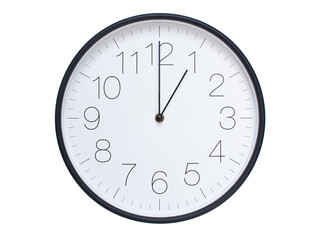 Simple wall clock with black frame and white face displaying 01:00 or 13:00. Ideal for time, schedule, and punctuality themes.