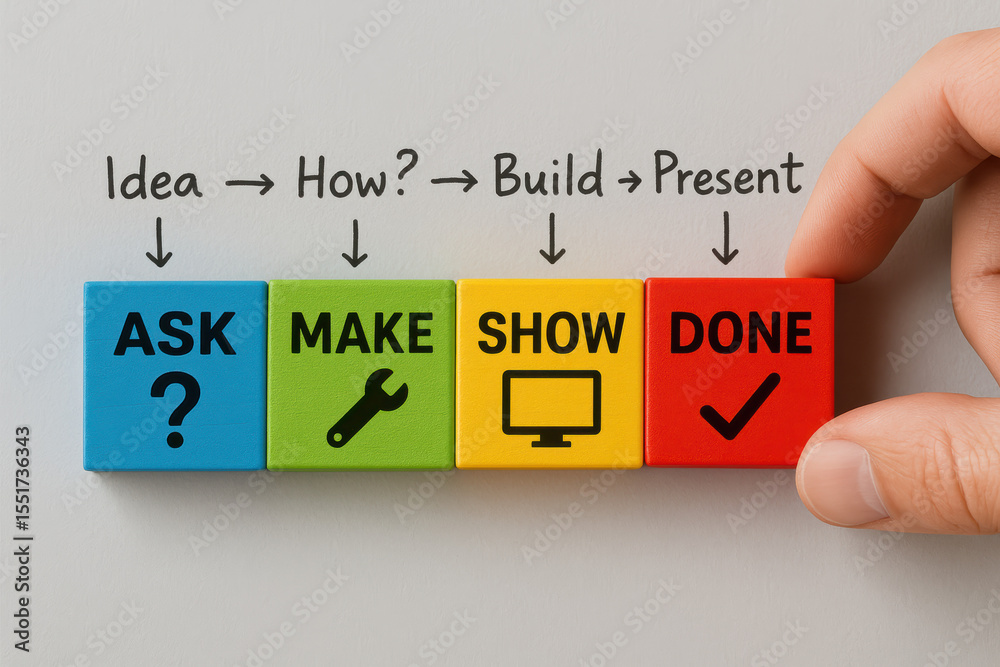 Poster a arranges colorful blocks symbolizing the process from inquiry and creation to presentation and com