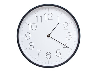 Simple wall clock with black frame and white face displaying 01:20 or 13:20. Ideal for time, schedule, and punctuality themes.