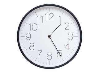 Simple wall clock with black frame and white face displaying 01:25 or 13:25. Ideal for time, schedule, and punctuality themes.