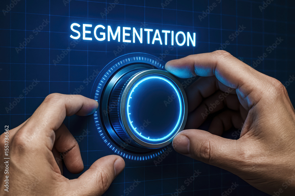 Poster adjusting a glowing digital dial on a virtual control panel symbolizes precision and dynamic refinem