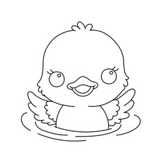 Smiling duckling with open wings in water. Cute cartoon duck line art for kids coloring and spring animal designs