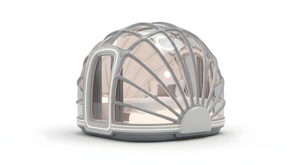 Fototapeta premium Futuristic Silver Pod with Glass Windows and Bedding on White Background