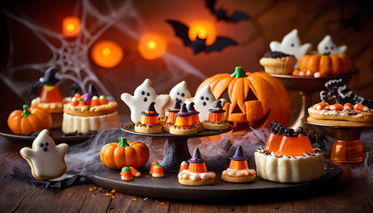 Festive Halloween pastries and cookies, in the shape of pumpkins, ghosts and witch hats.