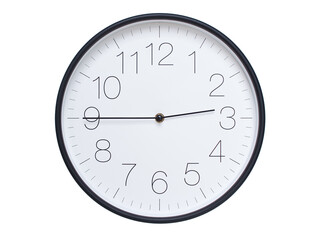 Simple wall clock with black frame and white face displaying 02:45 or 14:45. Ideal for time, schedule, and punctuality themes.