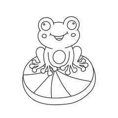 Smiling cartoon frog on lily pad coloring page. Cute hand-drawn frog illustration for kids nature and pond life designs