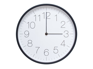 Simple wall clock with black frame and white face displaying 03:00 or 15:00. Ideal for time, schedule, and punctuality themes.