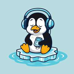 Ein stilisierter, fröhlicher Pinguin sitzt entspannt auf einer kleinen Eisscholle und hört übergroße Kopfhörer. In den Flossen hält er einen Musikplayer. Die Darstellung kombiniert humorvolle Details