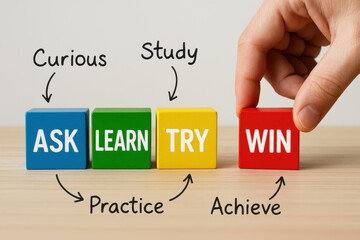 Building success requires curiosity and learning followed by practice and effort to achieve the final goal