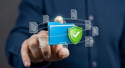 Hand touching digital folder with security shield and documents