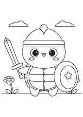 Coloring book turtle dressed as a valiant warrior with a helmet