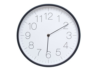 Simple wall clock with black frame and white face displaying 06:10 or 18:10. Ideal for time, schedule, and punctuality themes.