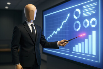 Growth and progress are demonstrated through strategic presentation and data analysis by a mannequin figure in business attire
