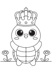 Coloring book turtle wearing a magnificent crown, smiling regally among sweet flowers