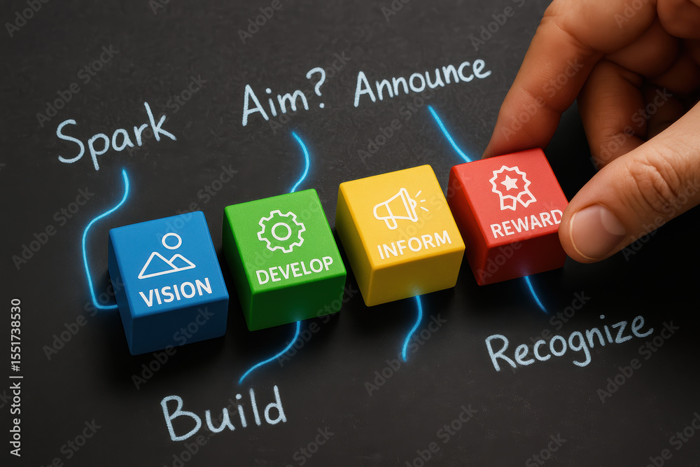 Poster a arranges colored cubes symbolizing vision development communication and reward as steps to build a