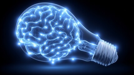 Against a backdrop of total darkness, a light bulb is shown to contain a human brain, illustrating the concept of AI or technology, while providing space to include copied material