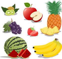 vector image illustrations of various types of fresh fruit, sources of vitamins, types of fruit