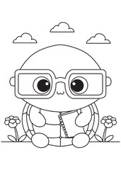 Coloring book turtle wearing oversized glasses and holding a notebook