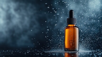 A beautifully lit amber dropper bottle amidst mist and water droplets creatively highlights the essence of beauty products, with its rich colors and captivating reflections.