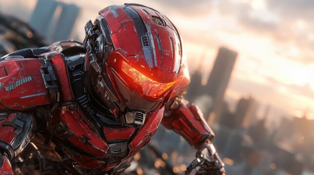 A striking red armor robot stands poised amidst an urban skyline, symbolizing the fusion of technology and imagination, inspiring awe and curiosity about the future.