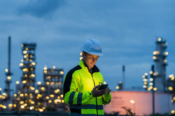 Fototapeta premium Industrial worker using a smartphone for communication at an oil and gas plant at night.