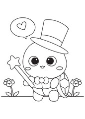 Coloring book turtle dressed as a magician in a top hat and bowtie, 
