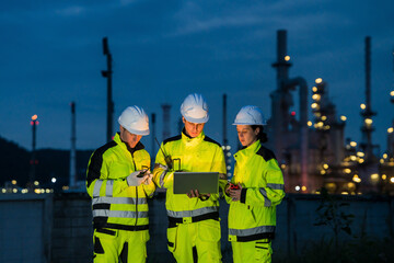 Engineering team collaborating with a laptop during a night shift at a petrochemical refinery.