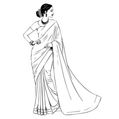 A lady in a saree vector sketch, Women in saree line drawing.