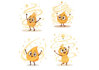 Fototapeta premium Glowing spark character with curious eyes and raised arms, surrounded by a swirling light trail
