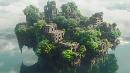 Enchanted Floating Island: Ruins Reclaimed by Nature