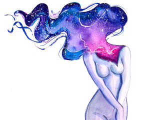 Watercolor illustration of a woman with beautiful galaxy-shaped hair Isolated on White Background