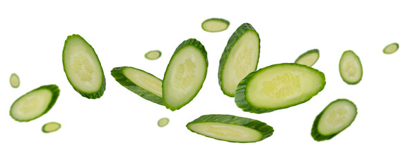Cucumber slices in oval serving form for table setting fly and levitate in space. Isolated on white
