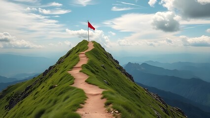 A red flag on top of a mountain. 3D Rendering
