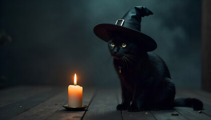 A black cat in a witch hat sits by a candle on a dark background, creating a spooky Halloween vibe.