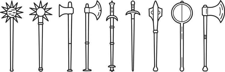 Collection of medieval weapons and blunt instruments mace sword