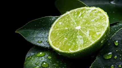 A fresh lime slice resting on lush green leaves, adorned with water droplets, highlighting nature&rsquo;s beauty, freshness, and the zest of life in an artistic composition.